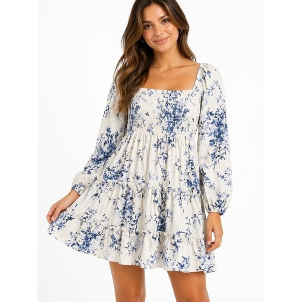 ALTAR'D STATE Blue Floral Smocked Mini Dress Puff‎ Sleeve Cottagecore Feminine
